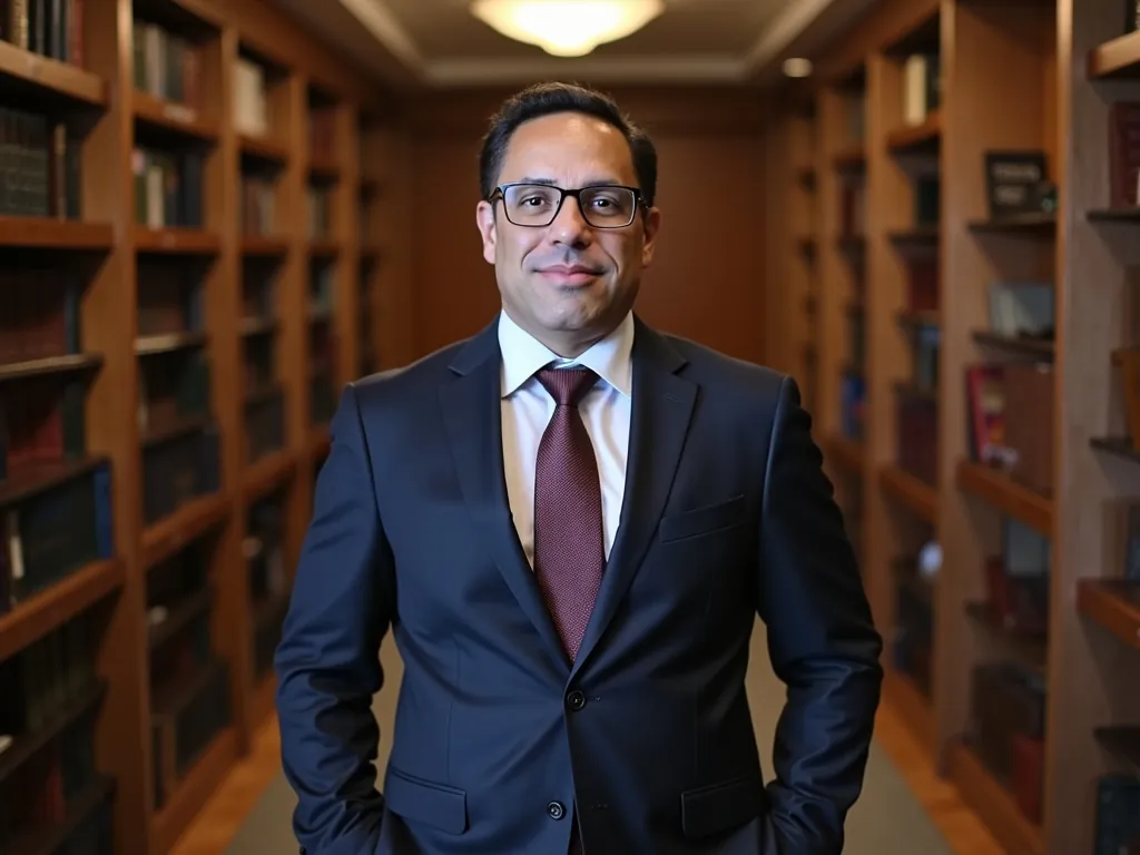 Dr. João Henrique Lara em seu escritório com biblioteca jurídica